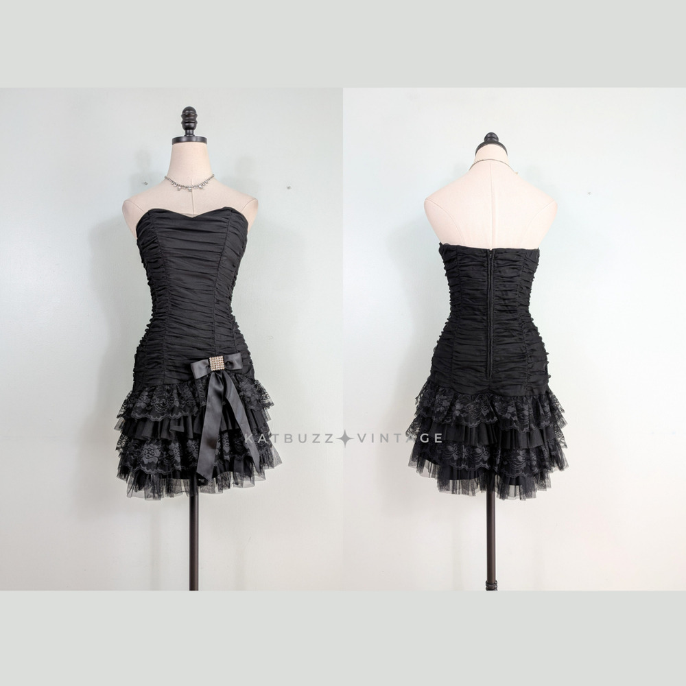 Vintage Prom Dress Mini Gown M Black Y2K Hoco Strapless Lace Ruffle Bow Goth